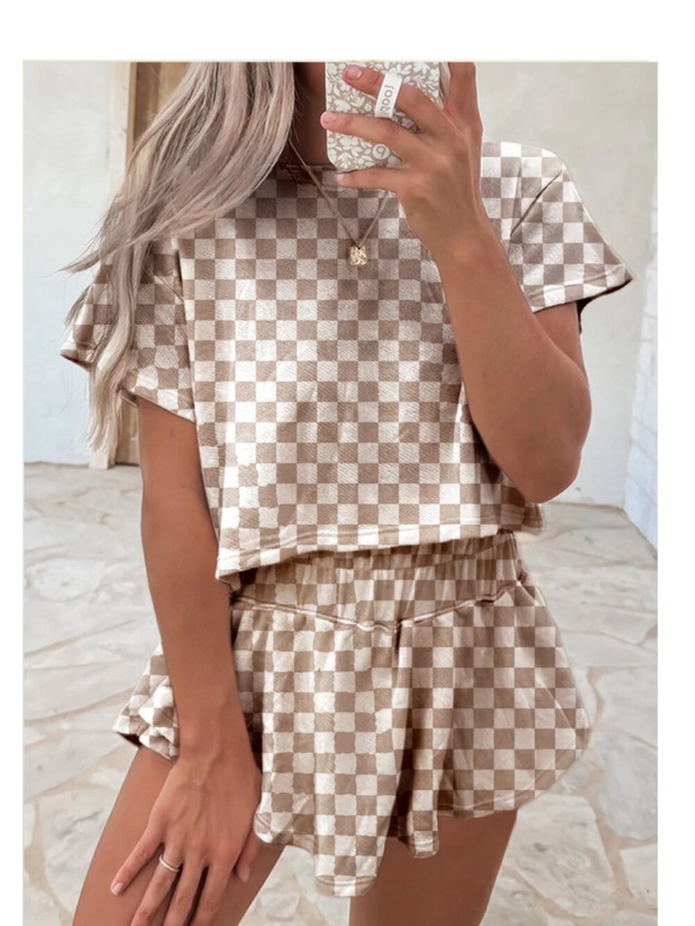 Brown Checkerboard T Shirt and High Waist Skorts 2 Piece Outfit